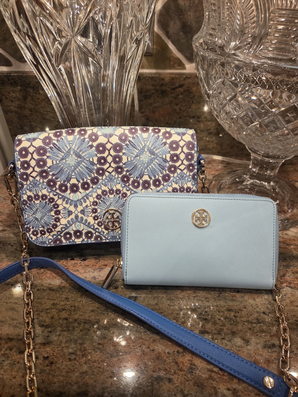 Tory Burch Light Blue Patterned Crossbody Bag With Chain  And Wallett